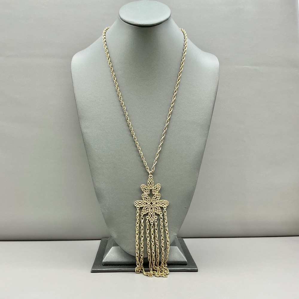 Tassel Pendant Necklace Women Gold Tone Filigree Flower Long Chain Boho Vintage